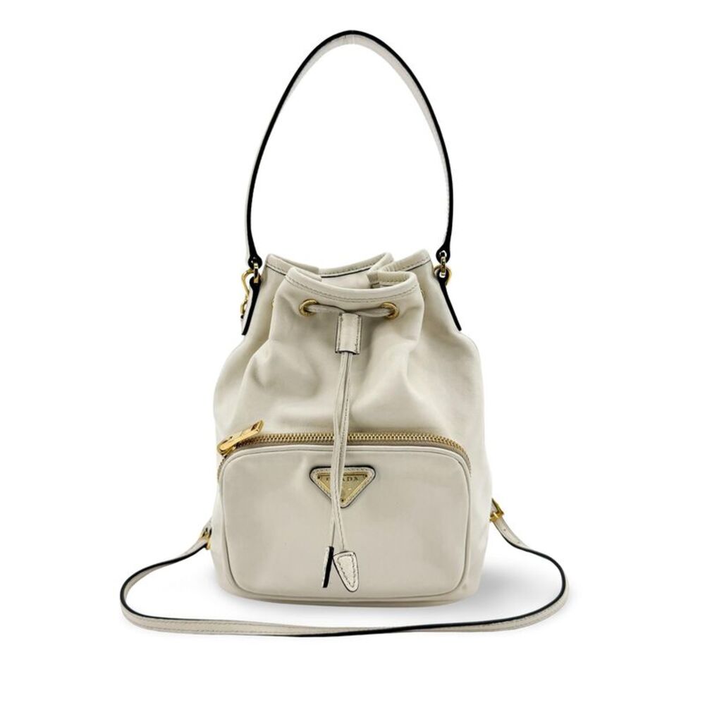 Prada Leather Duet Bucket Bag White Gold Hardware